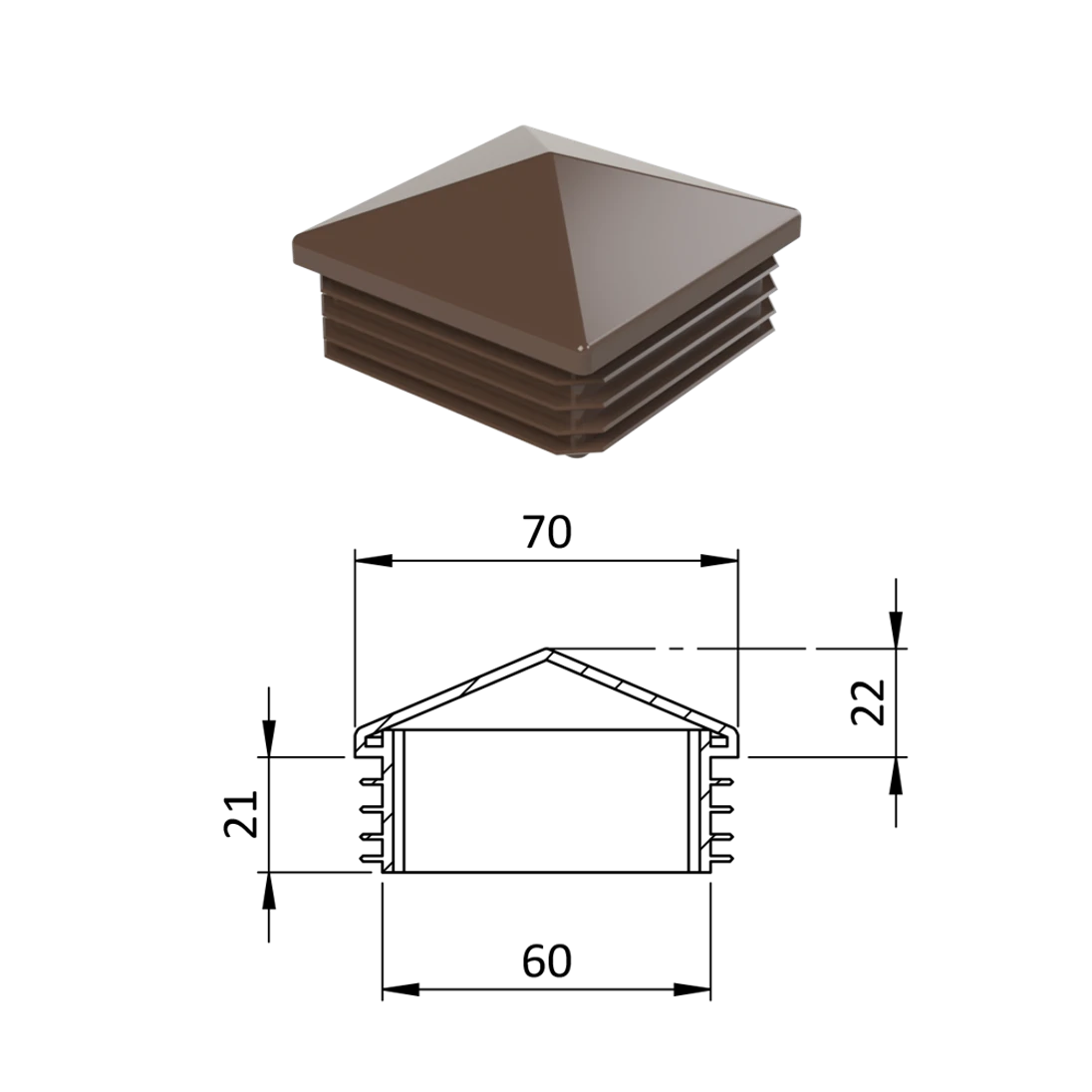 Krytka plastová so strieškou 70 x 70 mm, hnedá