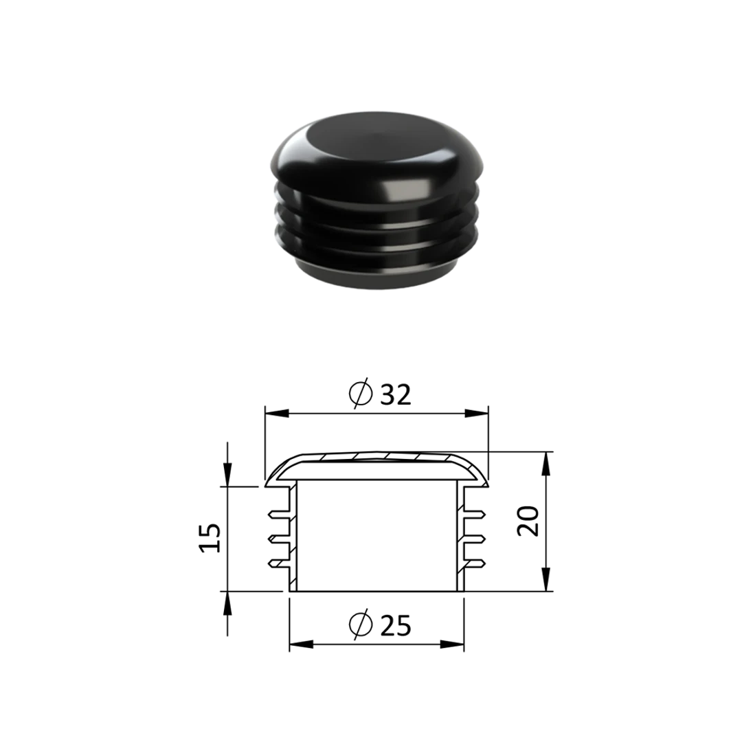 Vnútorná krytka guľatá ø 32 mm, plastová, čierna