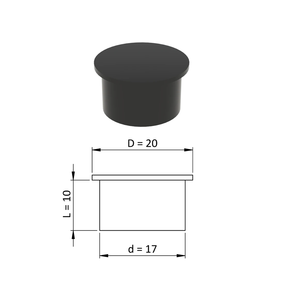 Vnútorná krytka guľatá ø 20 mm, otvor ø 17 mm, čierna, plast