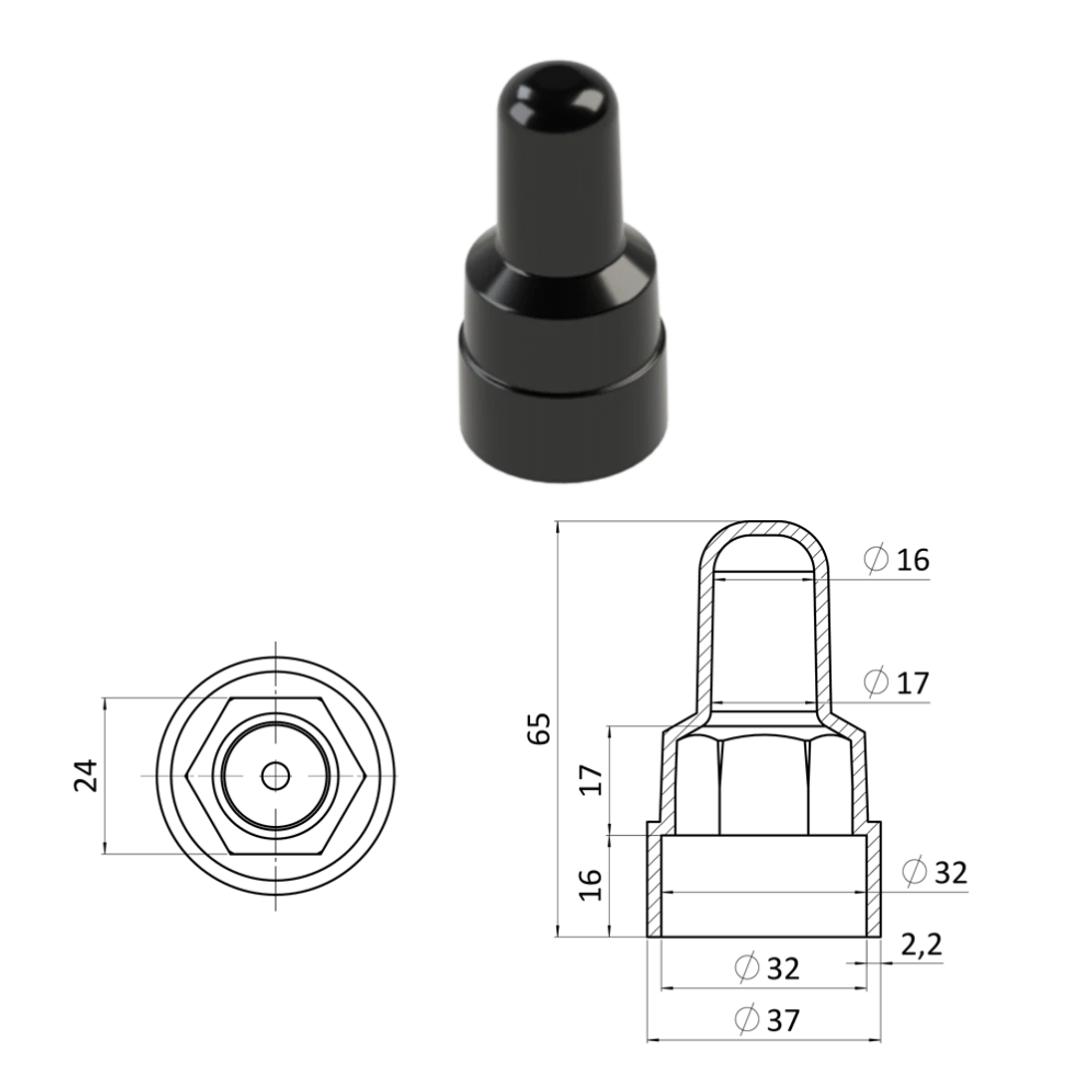 Krytka plastová na matice a skrutky M16, predĺžená, čierna