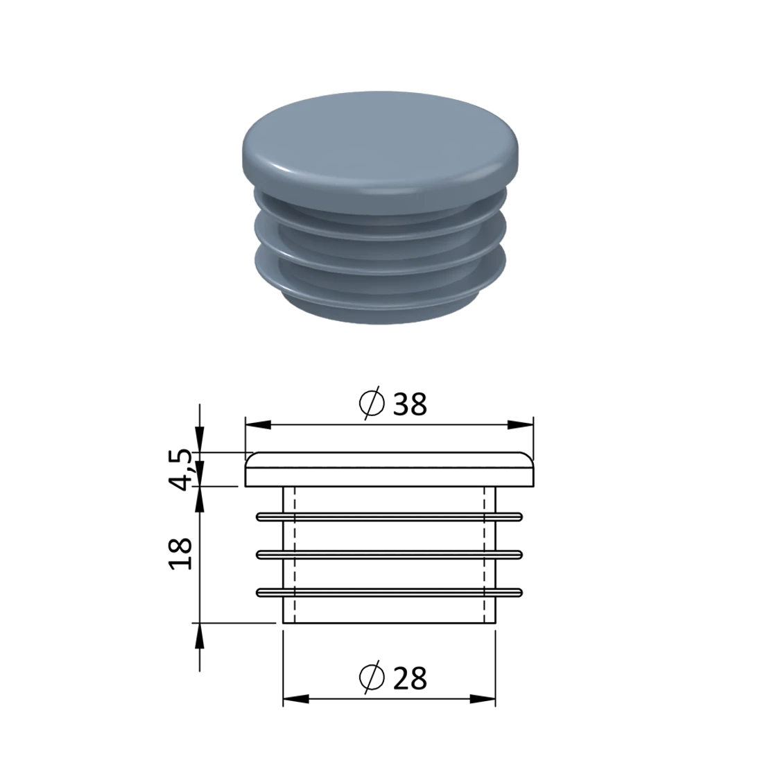 Vnútorná krytka guľatá ø 38 mm, plastová, sivá