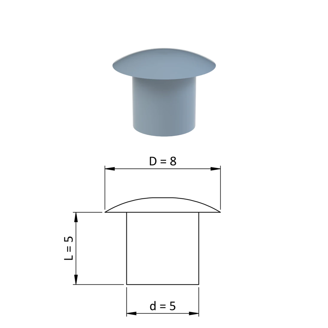 Vnútorná krytka guľatá ø 8 mm, otvor ø 5 mm, sivá, plast