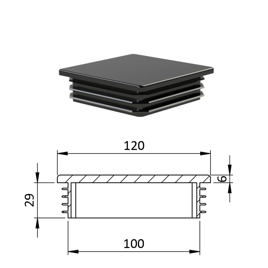 Krytka plastová 120 x 120 mm, čierna