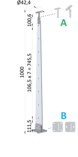 Nerezový vypalovaný sloup, vrchní kotvení, 8děrový