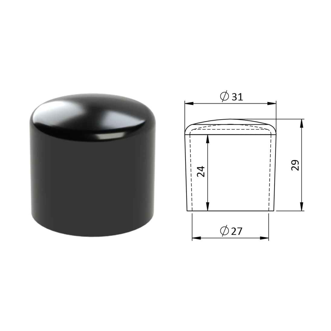 Vonkajšia krytka PVC ø 31 x 29 mm, otvor 27 x 24 mm, čierna