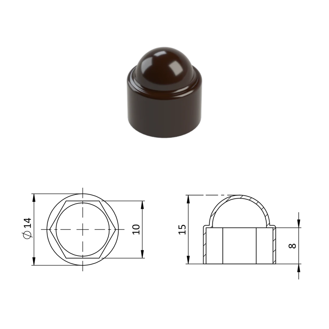 Krytka plastová na matice a šrouby M6, hnědá