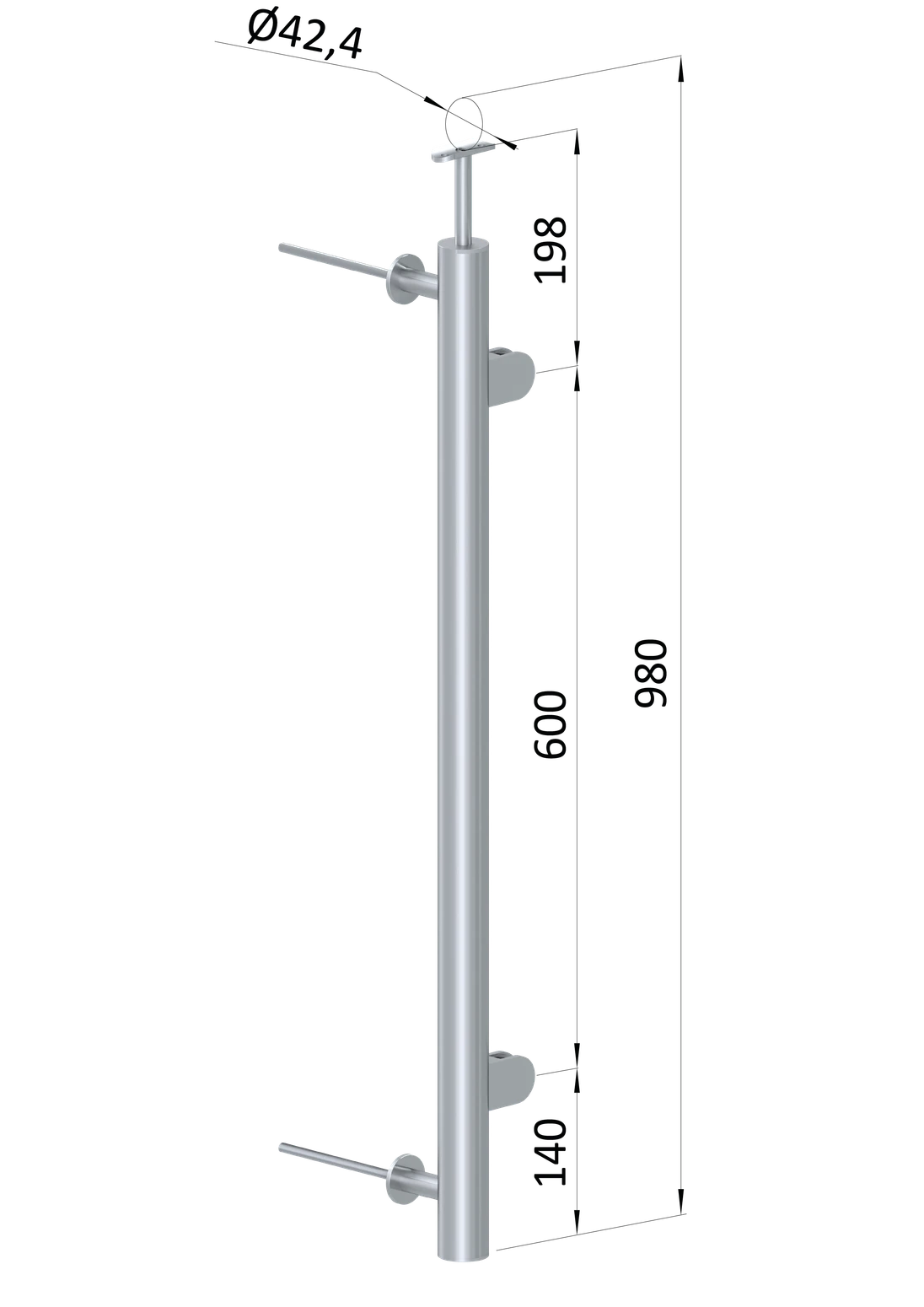 Nerezový stĺp, bočné kotvenie, výplň: sklo, pravý