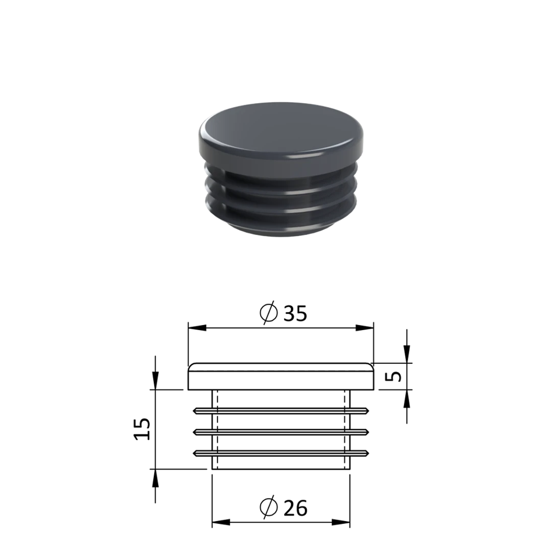 Vnútorná krytka guľatá ø 35 mm, plastová, antracit