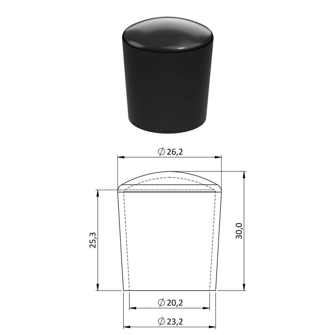 Vonkajšia PVC krytka ø 26,2 x 30 mm, otvor 20,2 mm, čierna