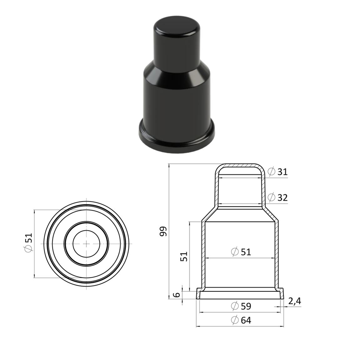 Krytka plastová na matice a šrouby M30, prodloužená, černá