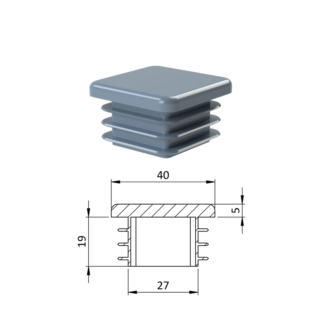 Krytka plastová 40 x 40 x 3 - 5 mm, sivá