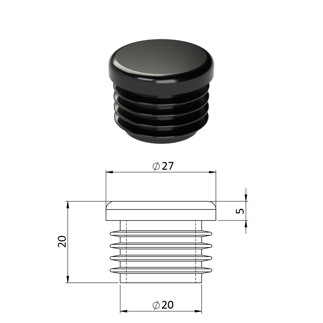 Vnútorná krytka guľatá ø 27 mm, plastová, čierna