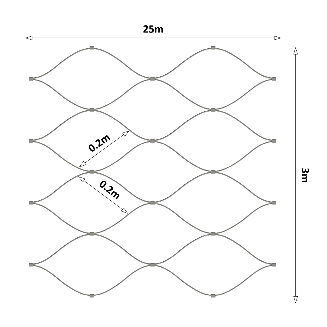 Lanová sieť, 3 x 25 m, oko 200 x 200 mm, ø 2 mm, AISI 316
