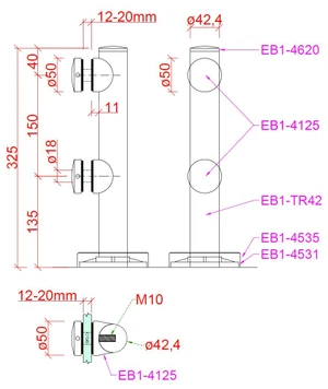 Stĺpik na sklo 12-20 mm, s dvomi svorkami, brúsená AISI 304 - slide 2