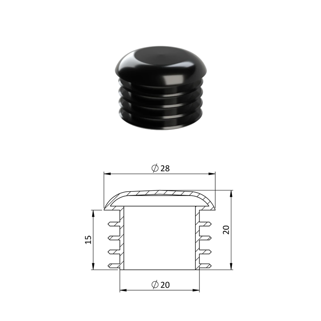 Vnútorná krytka guľatá ø 28 mm, plastová, čierna