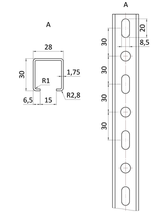 Dierovaný C profil, 28 x 30 x 1,75 x 3000 mm, pozinkovaný - slide 1