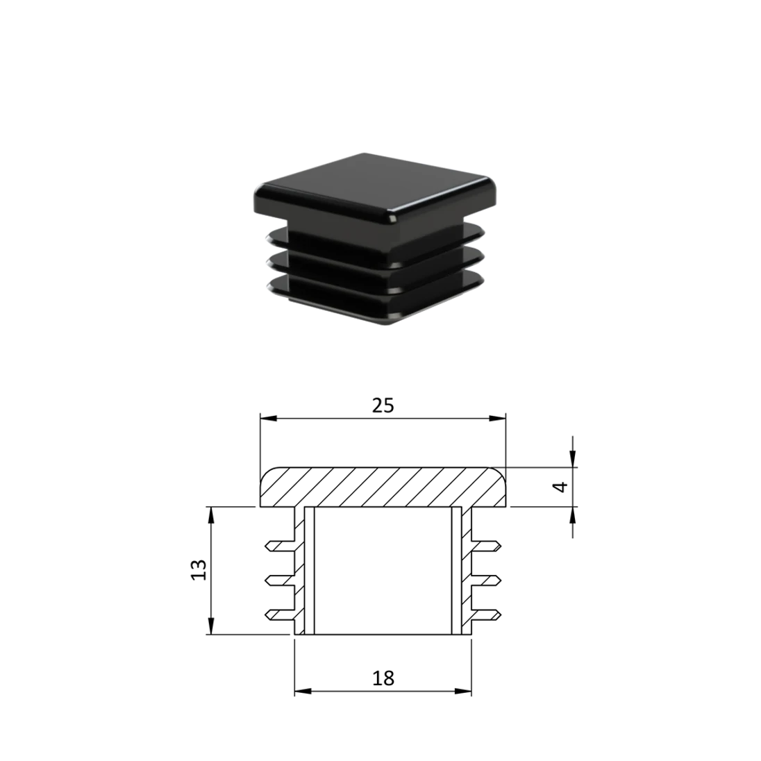 Krytka plastová 25 x 25 mm, čierna