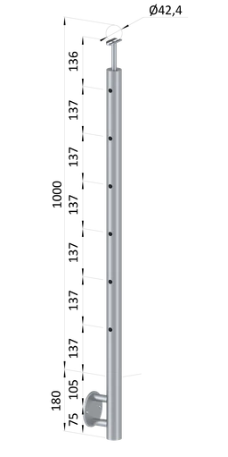 Nerezový sloup, boční kotvení, 6děrový koncový, levý