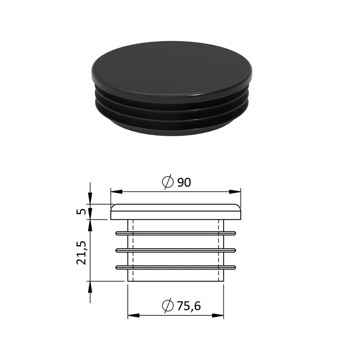 Vnútorná krytka guľatá ø 90 mm, plastová, čierna