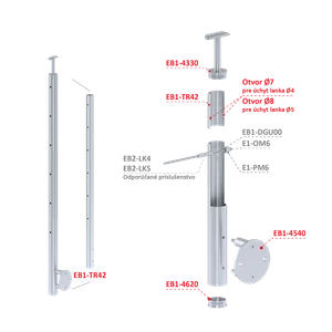 Nerezový stĺp, bočné kotvenie, 6-dierový, lanko, koncový - slide 2