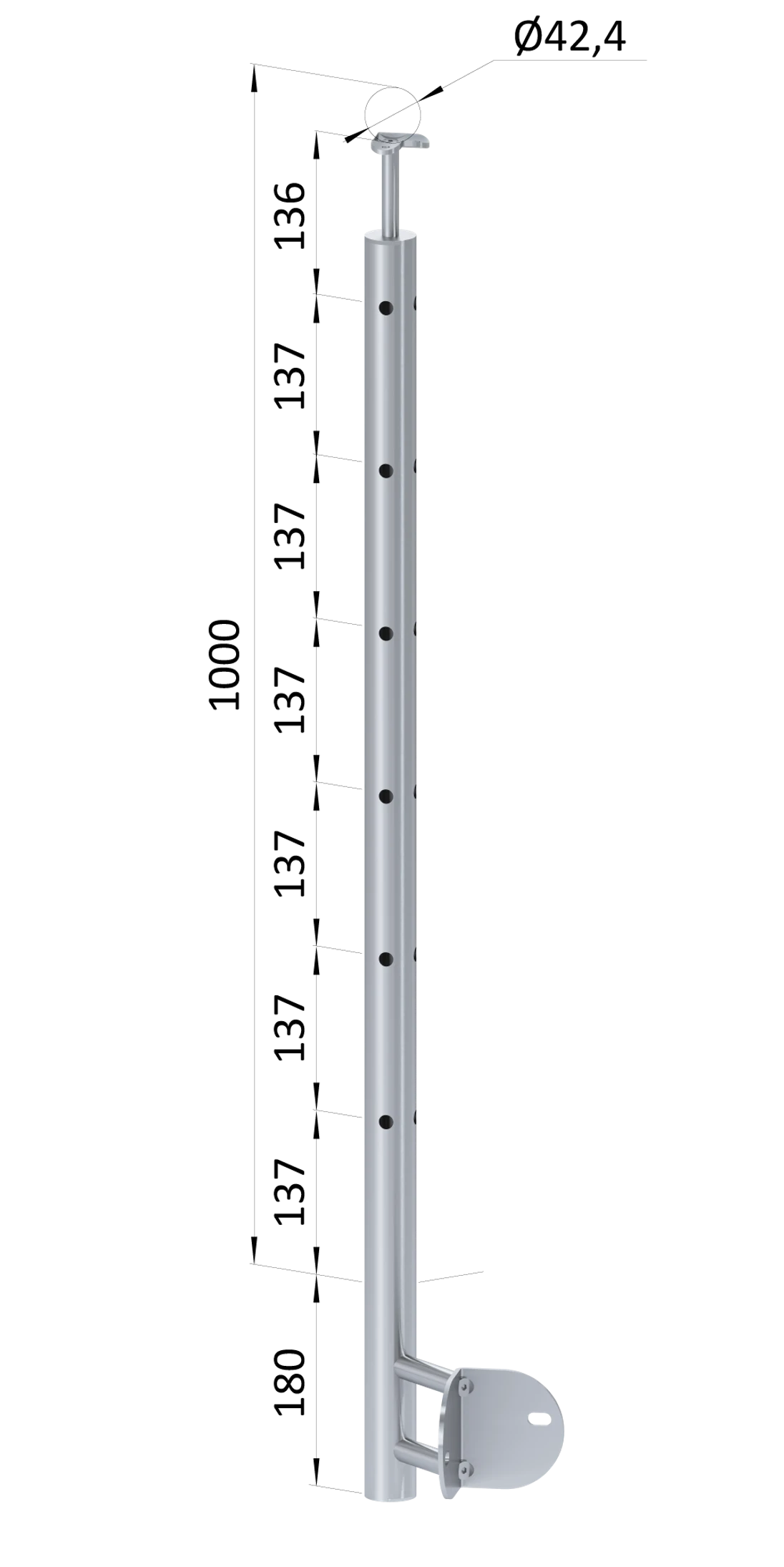 Nerezový sloup, boční kotvení rohové, 6děrový, rohový: 90°