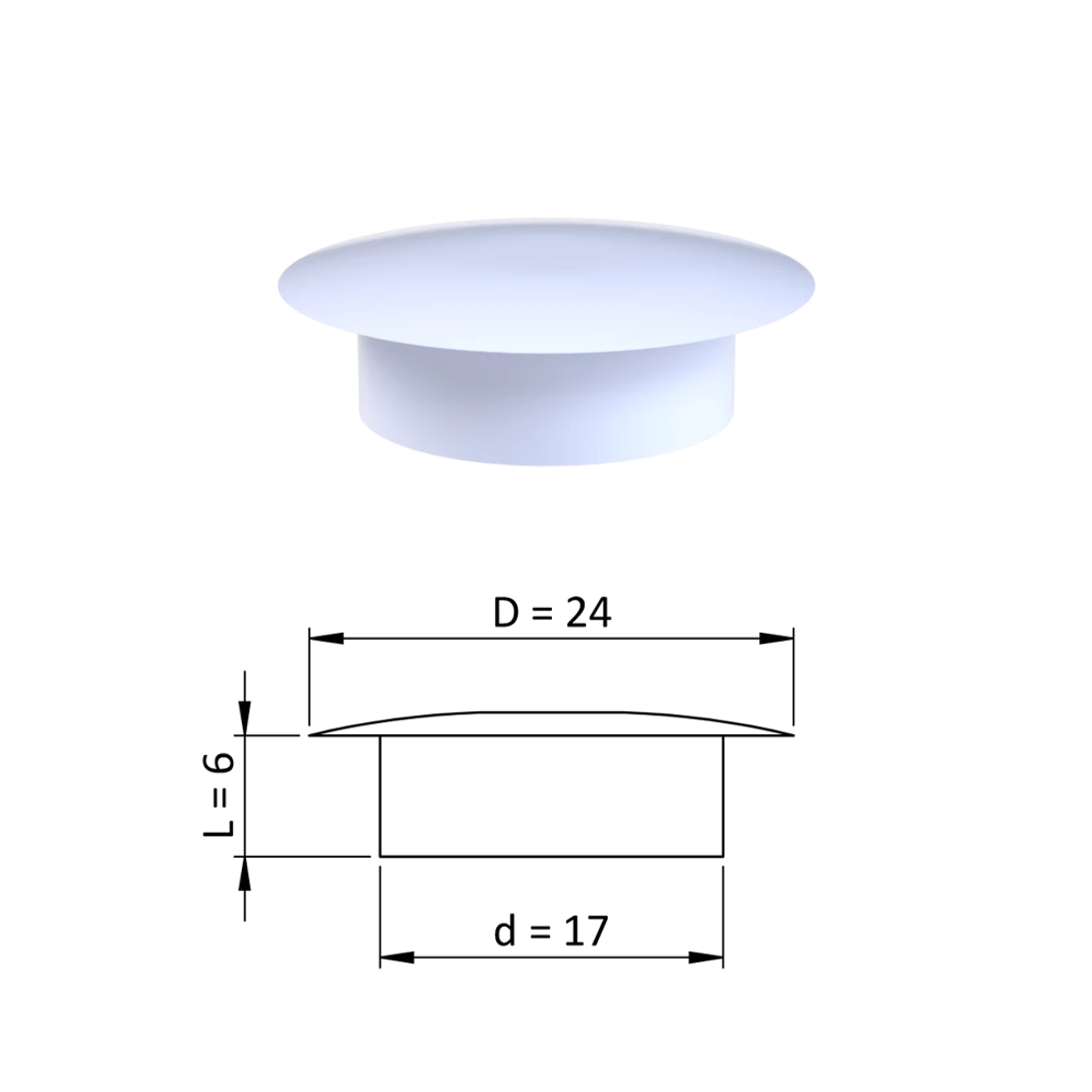 Vnútorná krytka guľatá ø 24 mm, otvor ø 17 mm, biela, plast