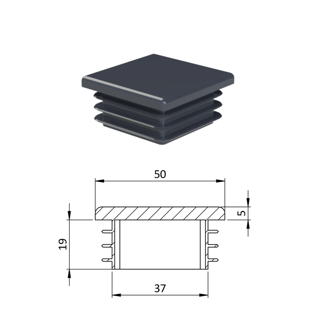 Krytka plastová 50 x 50 x 3 - 5 mm, antracit