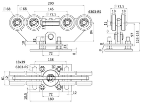 Vozík INTERMEDIO do 470 kg, nastaviteľný, profil 80 x 85 mm - slide 1
