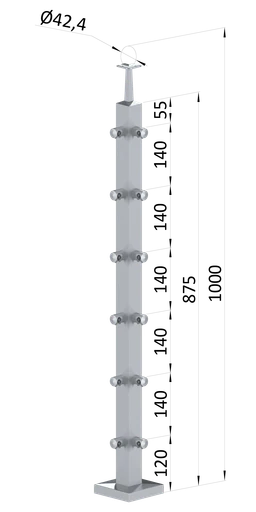 Nerezový sloup, vrchní kotvení, 6řadový rohový