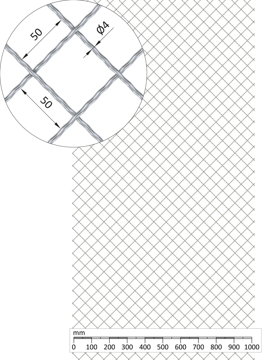 Rebierkové pletené sito 1000 x 2000 mm, vzor Diamant, pozink