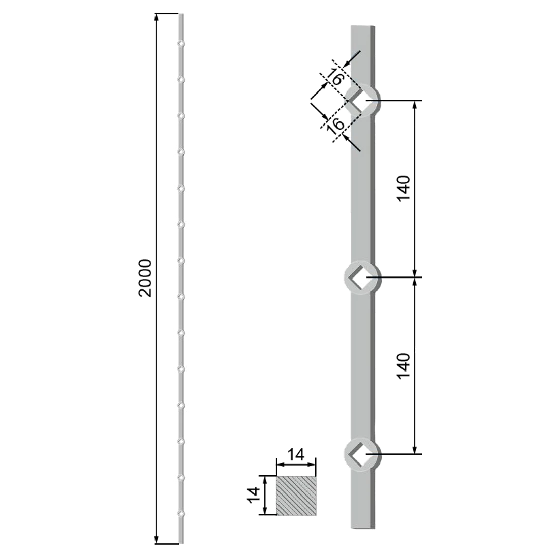 Tyč 14 x 14 x 2000 mm opieskovaná, rozteč 140 mm