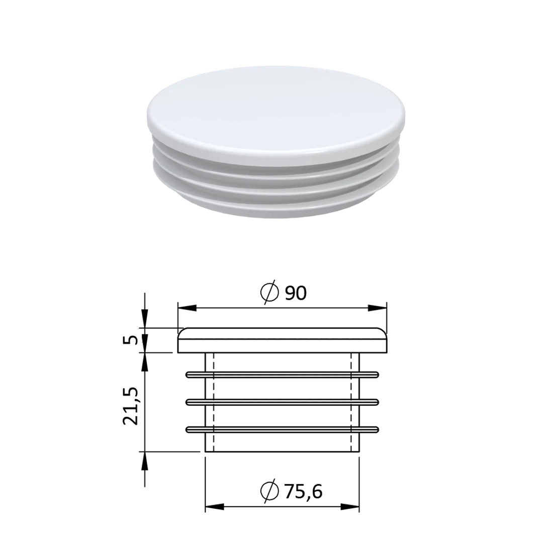 Vnútorná krytka guľatá ø 90 mm, plastová, biela