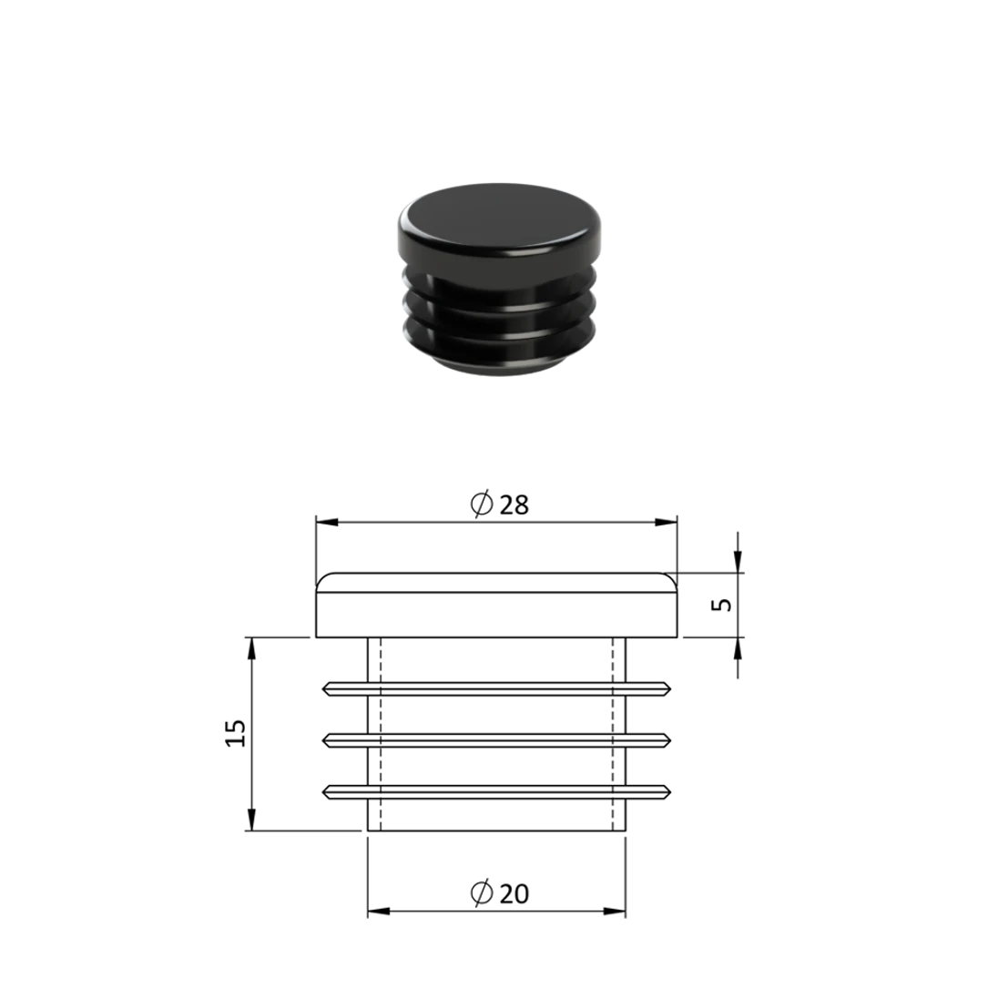 Vnútorná krytka guľatá ø 28 mm, plastová, čierna