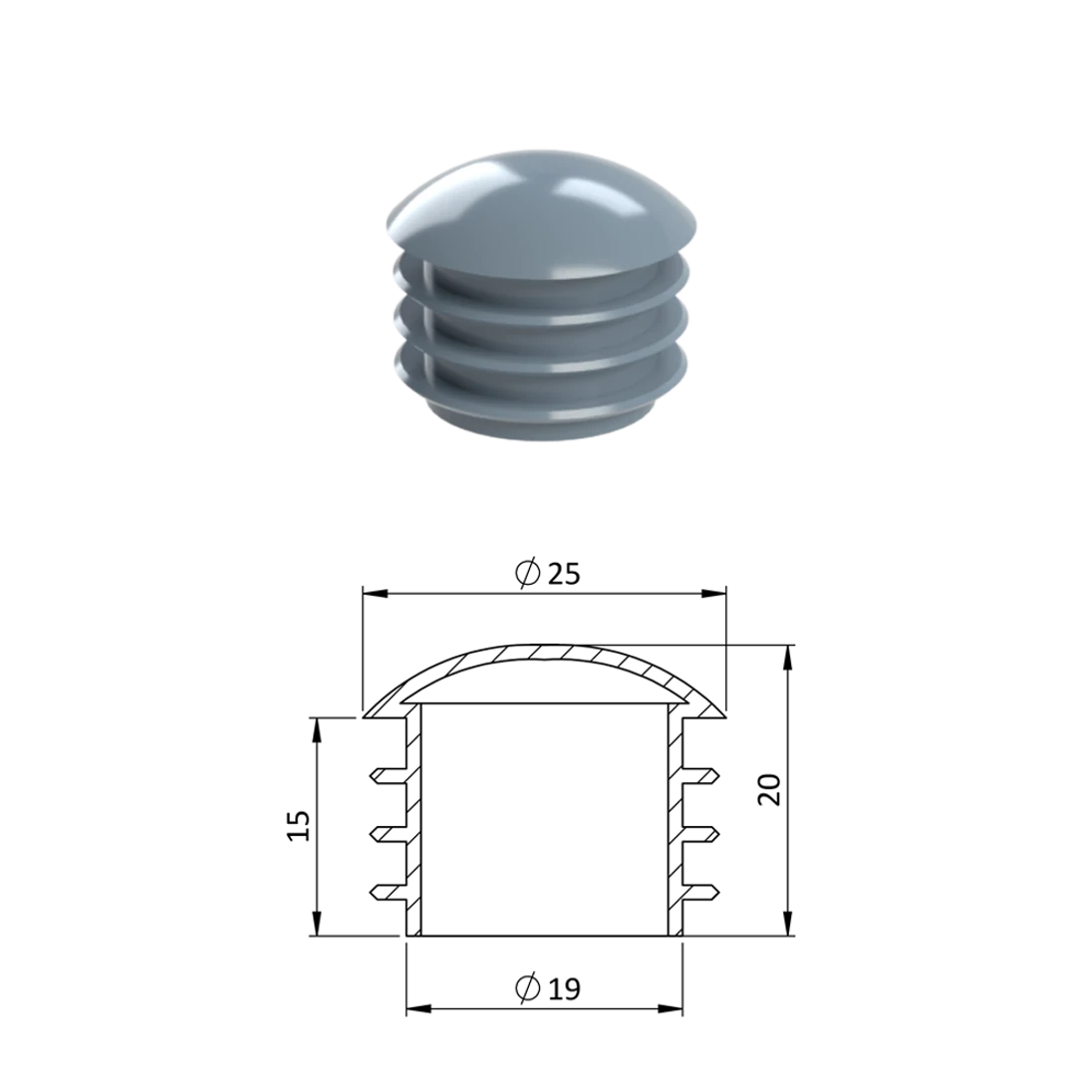 Vnútorná krytka guľatá ø 25 mm, plastová, sivá
