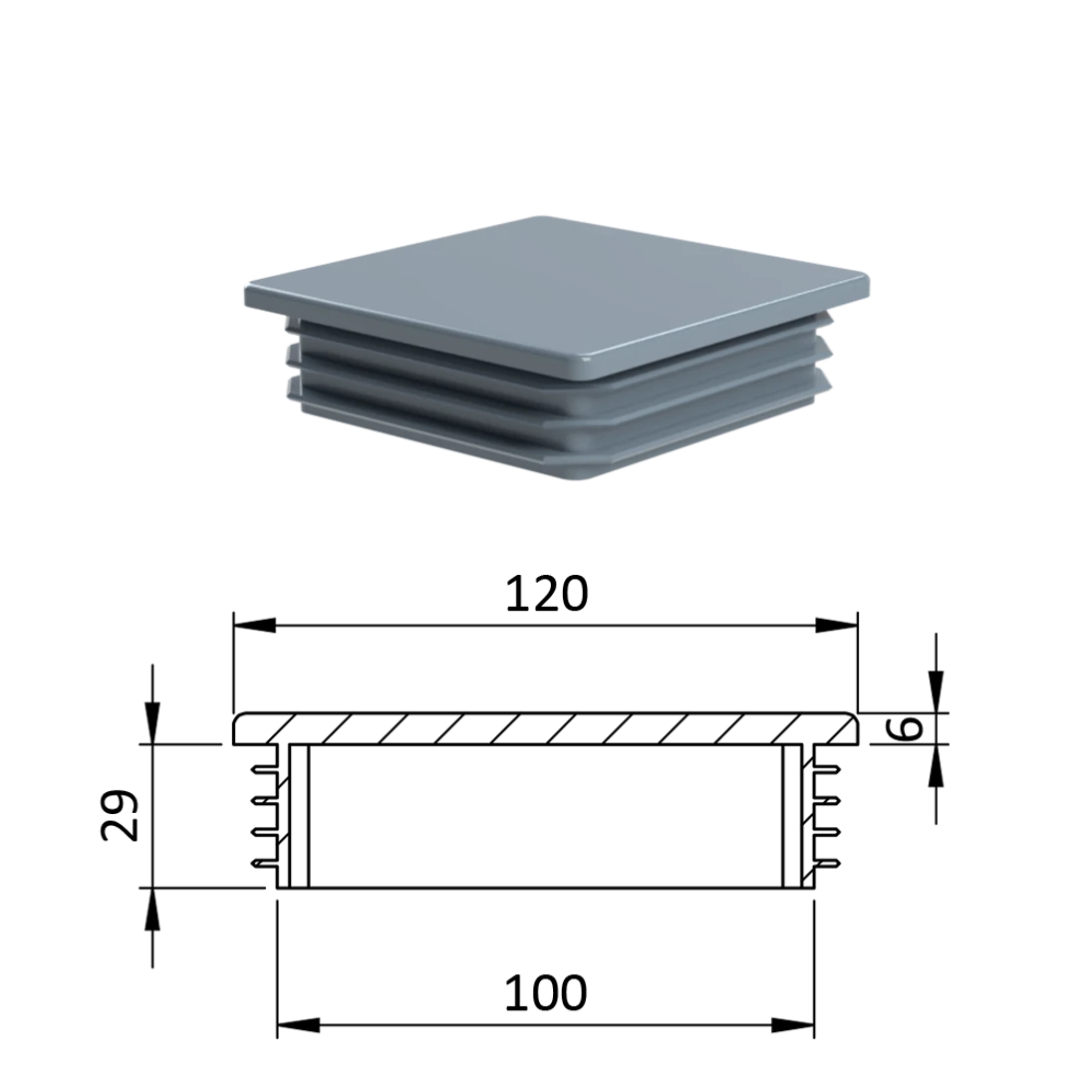 Krytka plastová 120 x 120 mm, sivá