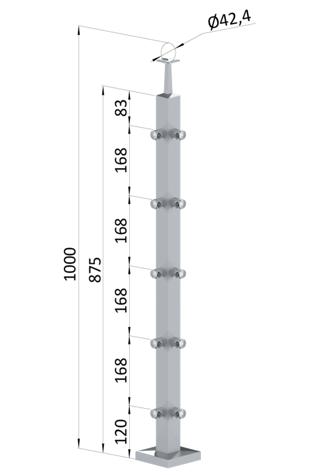 Nerezový stĺp, vrchné kotvenie, 5-radový rohový