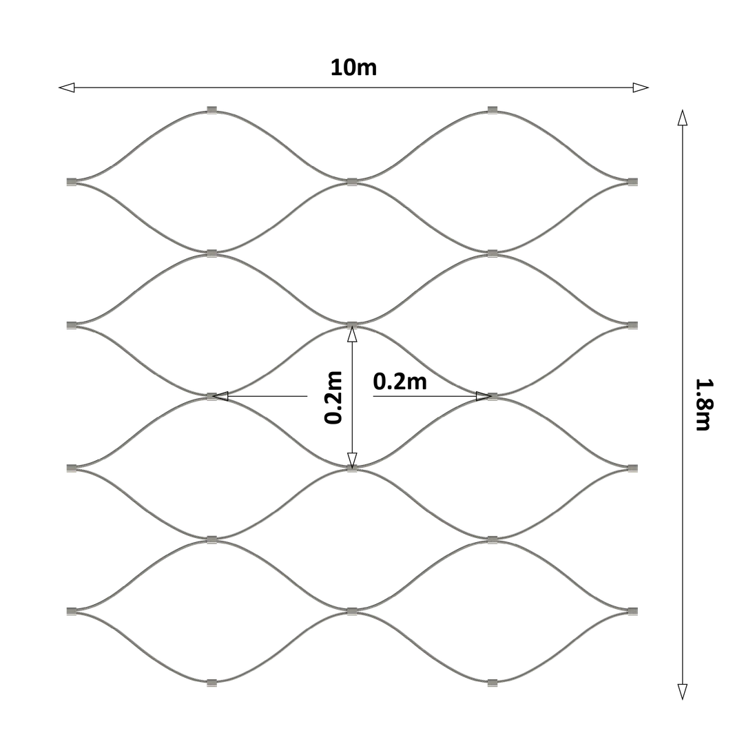 Lanová sieť, 1,8 x 10 m, oko 200 x 200 mm, ø 2 mm, AISI 316