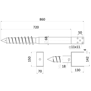 Zemný vrut, pätka U, 140 x 140 mm, žiarový pozink - slide 1