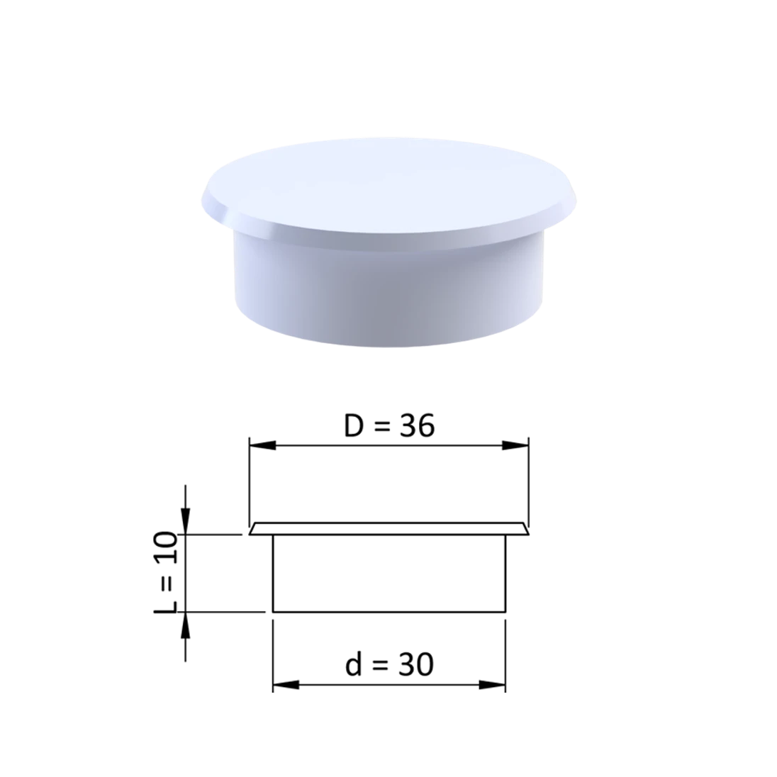 Vnútorná krytka guľatá ø 36 mm, otvor ø 30 mm, biela, plast