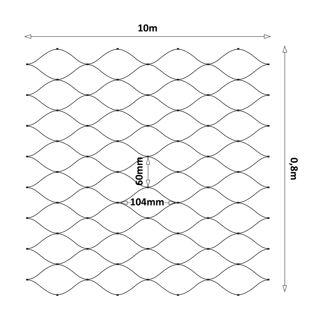 Čierna lanková sieť, 0,8 x 10 m, oko 60 x 104 mm, ø 2 mm, AISI 304