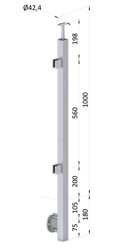 Nerezový stĺp, bočné kotvenie, výplň: sklo, ľavý