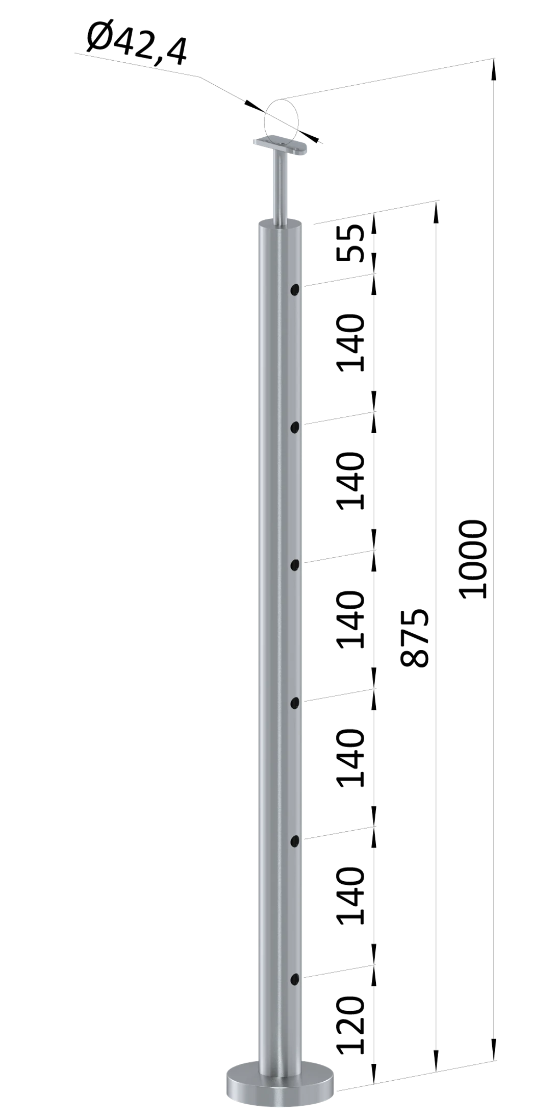 Nerezový sloup, vrchní kotvení, 6děrový průchozí