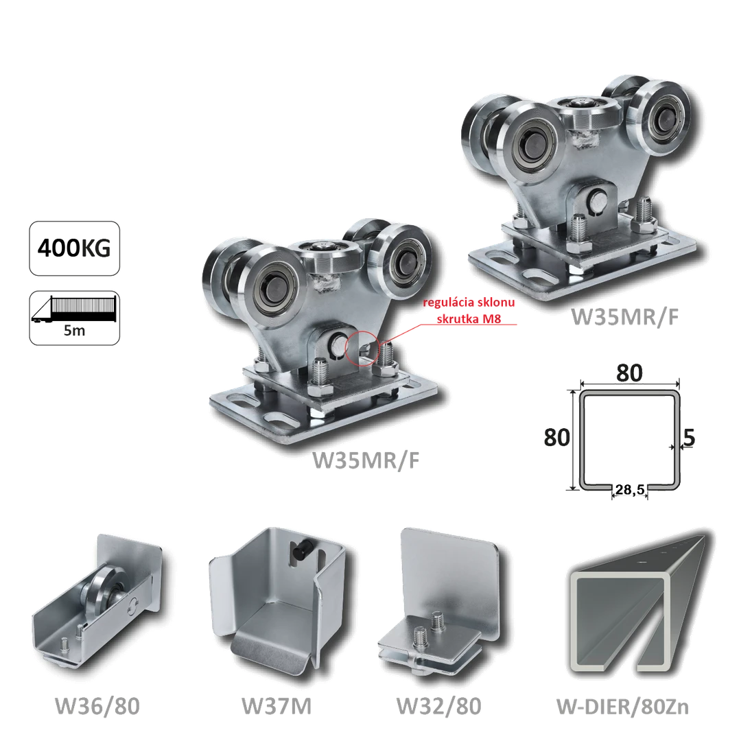 Samonos do 400 kg/5 m, dierovaný profil 80 × 80 × 5 mm, Zn