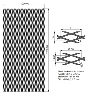Tahokov Fe kosočtvercová oka: 42x14mm,  (1000x2000x1,5mm) - slide 1
