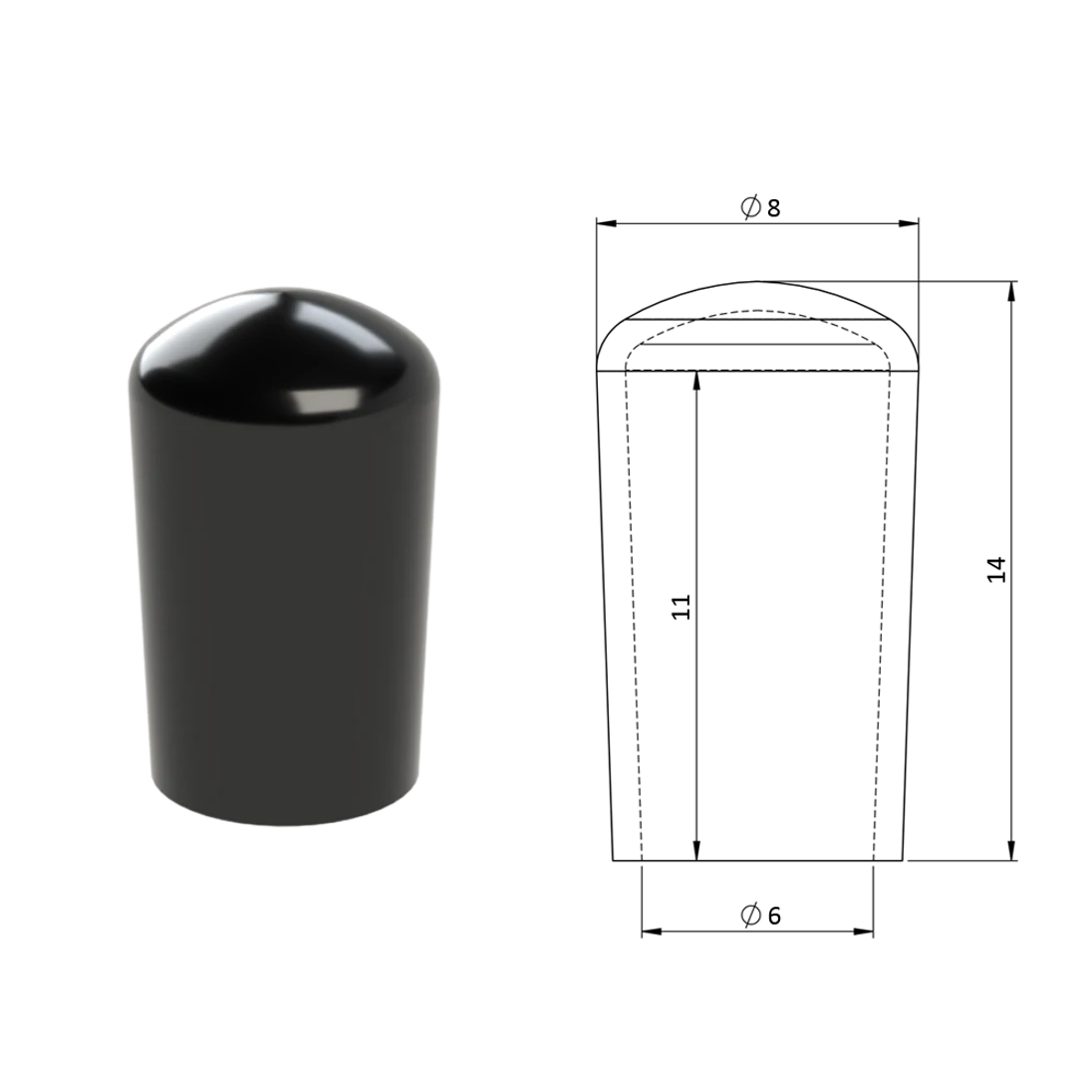 Vnější krytka PVC ø 8 x 14 mm, otvor 6 x 11 mm, černá