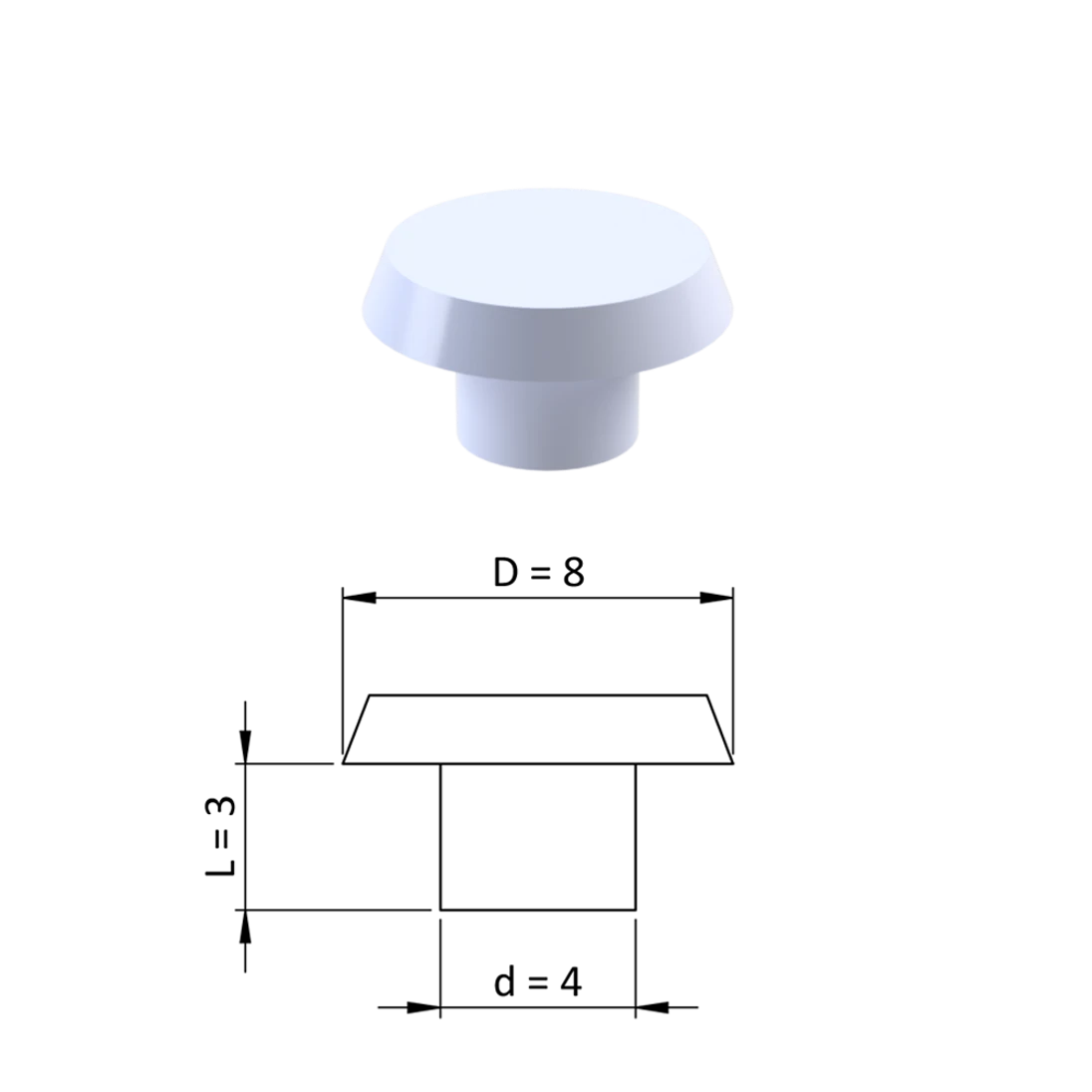 Vnútorná krytka guľatá ø 8 mm, otvor ø 4 mm, biela, plast