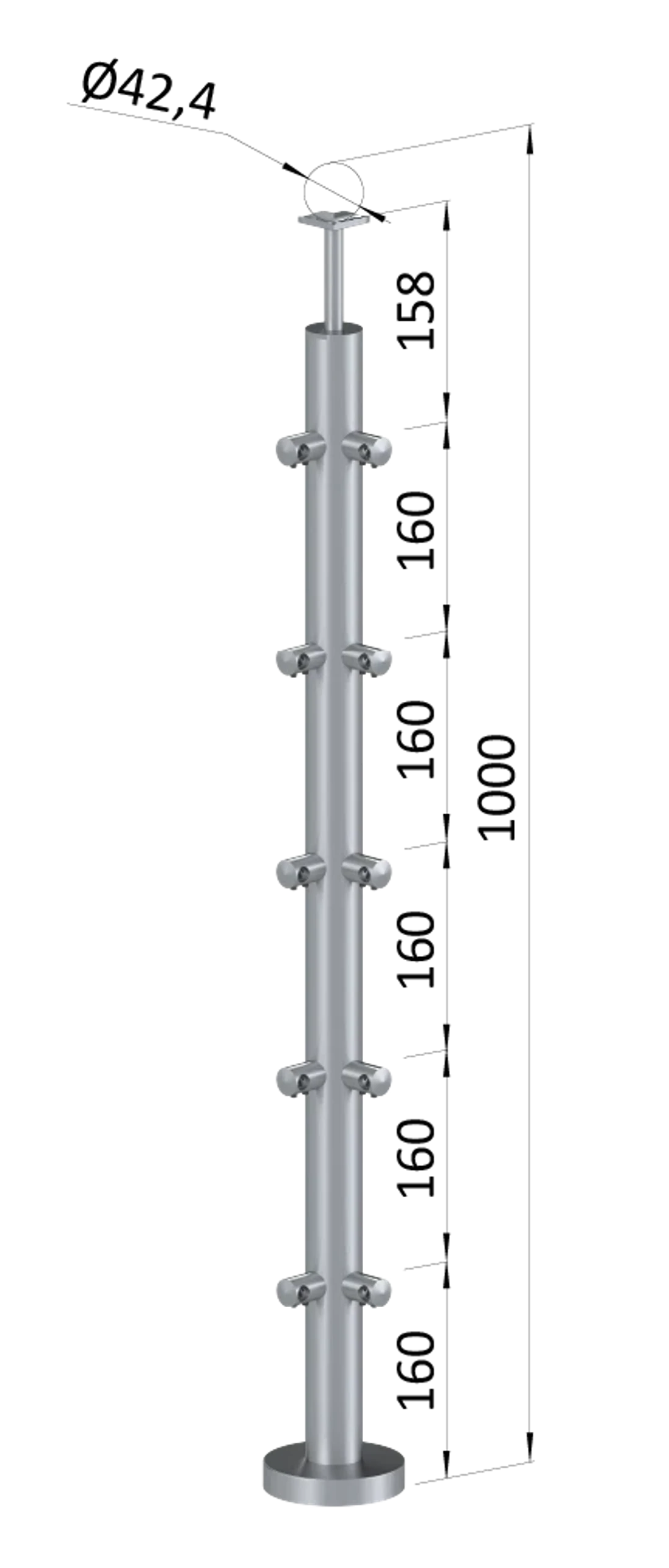 Nerezový stĺp, vrchné kotvenie, 5-radový rohový: 90°