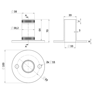 Kotvicí deska ø 100 mm na trubku ø 42,4 mm, AISI 304 - slide 3