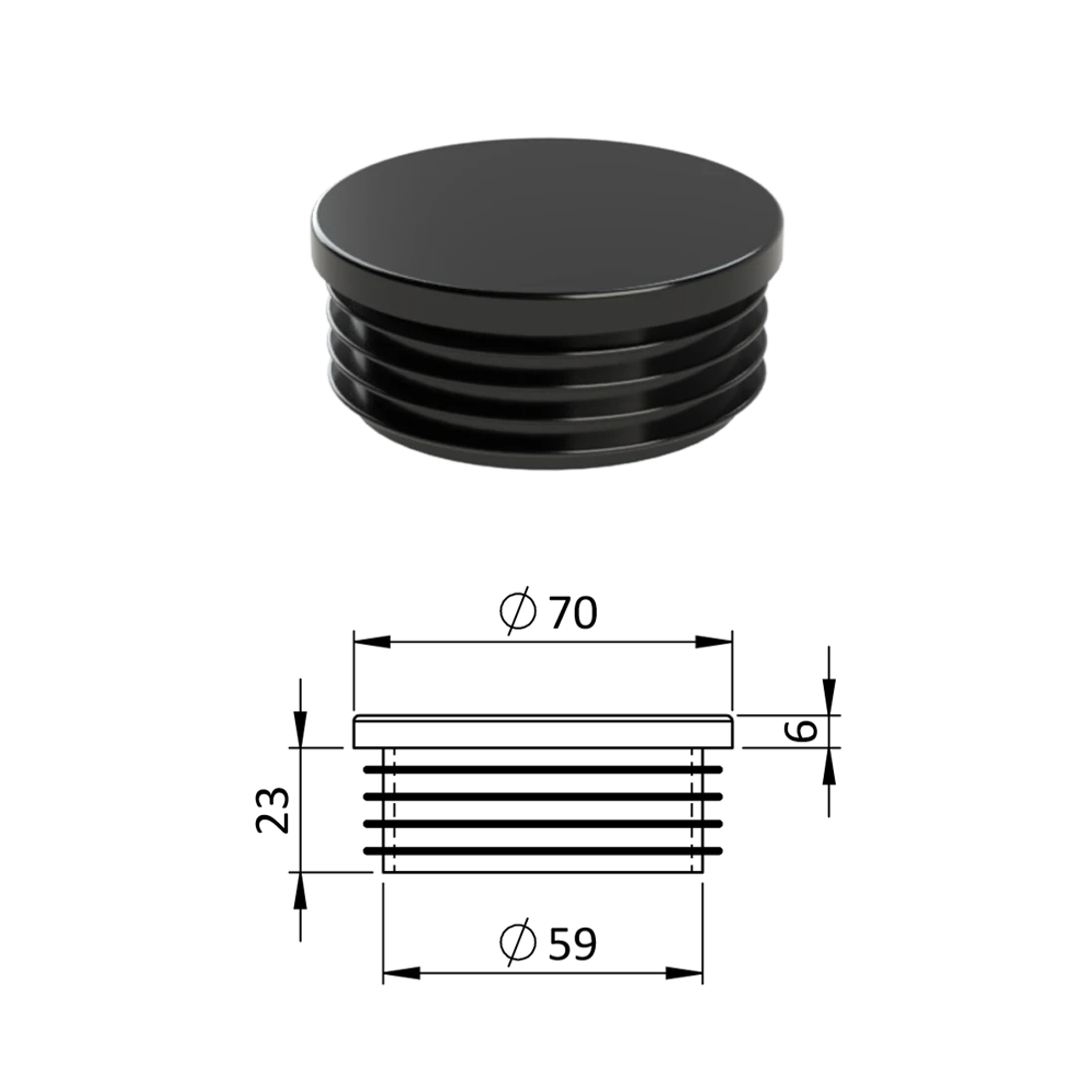 Vnútorná krytka guľatá ø 70 mm, plastová, čierna