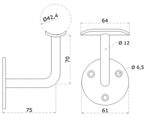 Držák madla ø 42,4 mm na stěnu, broušená nerez AISI 316 - slide 1
